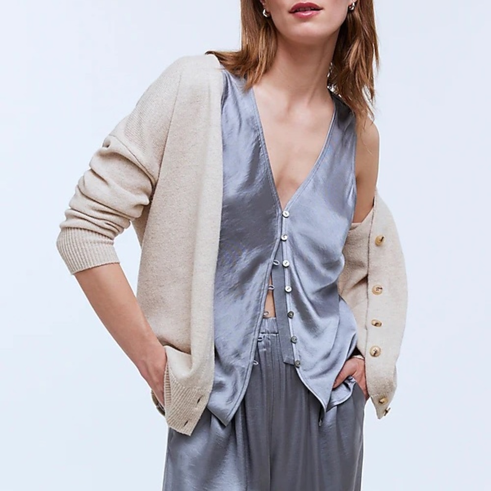 Silk-Blend Satin V-Neck Button Front Tank in Silver